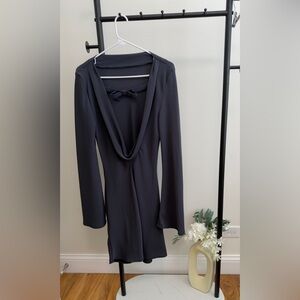H&M Charcoal Gray Draped Open Back Bow Tie Long-Sleeve Dress | Size M